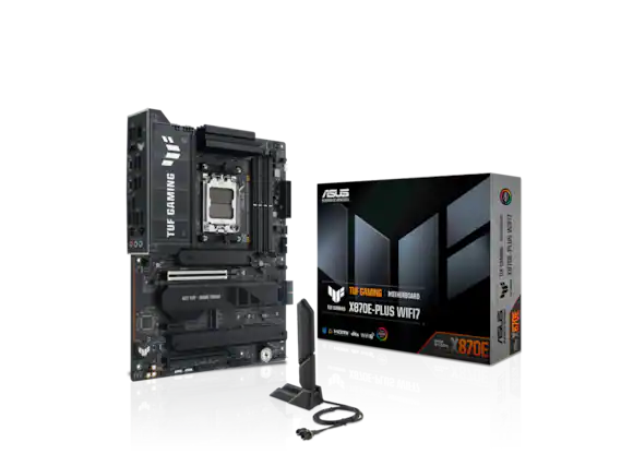 Sure, here is the corrected and grouped text:
---
**ASUS TUF GAMING X870E-PLUS WIFI7**
- **TUF GAMING**
- **MOTHERBOARD**
- **X870E-PLUS WIFI7**
- **AMD Ryzen**
- **DDR5**
- **PCIe 5.0**
- **Wi-Fi 6E**
- **2.5G LAN**
- **DTS: Sound Unbound**
- **ROG STRIX**
- **ROG**
- **ASUS**
- **IN SEARCH OF INCREDIBLE**
---
This text is from the image of the ASUS TUF Gaming X870E-PLUS WIFI7 motherboard.