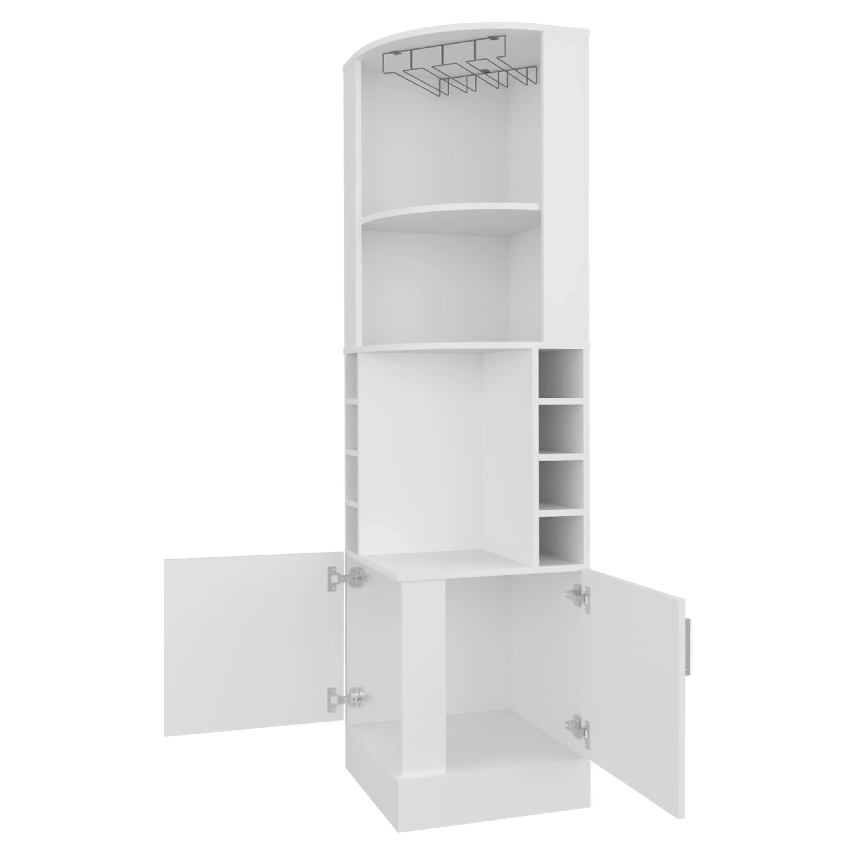 Back. TinyHomie - White Corner Bar Cabinet with Wine Storage and Glass Rack.