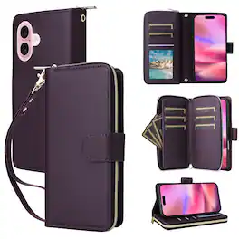 Dteck - Crossbody Wallet Case for Apple iPhone 17, Shockproof Zipper Pocket PU Leather Folio Cover with 9 Card Slots - Darkpurple