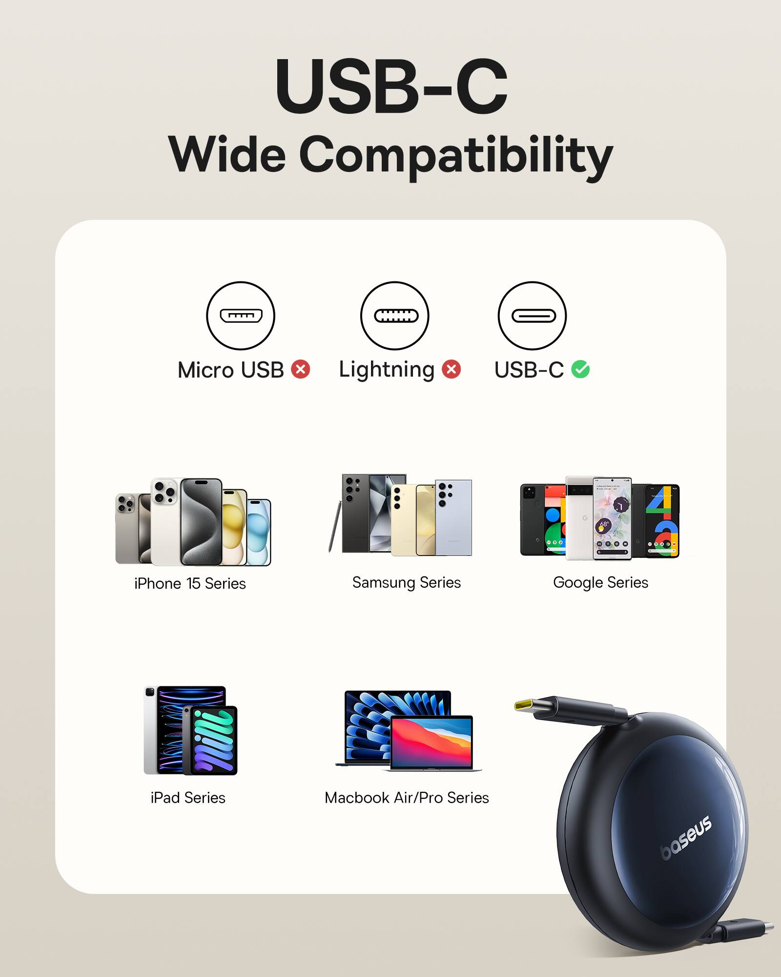 USB-C Wide Compatibility  
Micro USB x Lightning x USB-C  
iPhone 15 Series  
Samsung Series  
Google Series  
iPad Series  
Macbook Air/Pro Series  
baseus