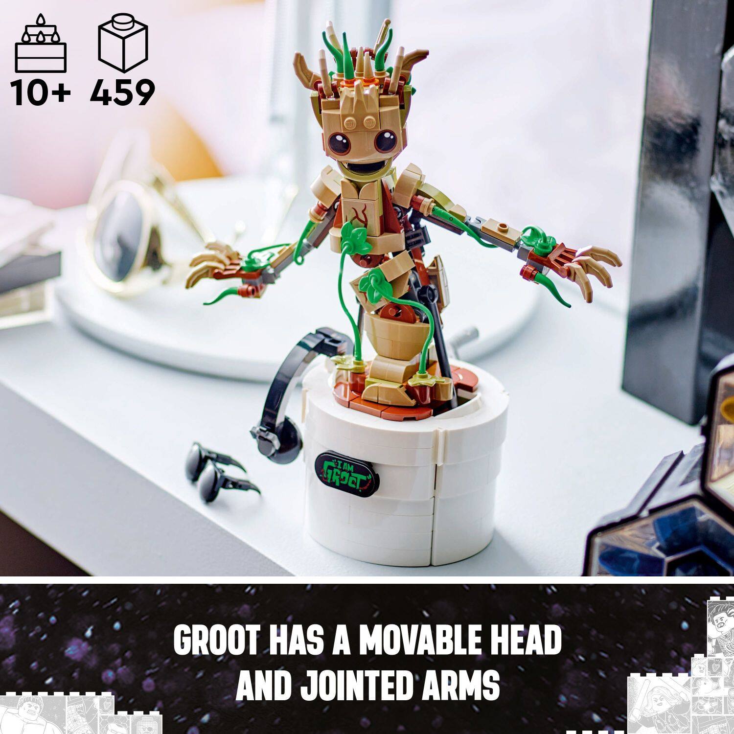 "Groot has a movable head and jointed arms."