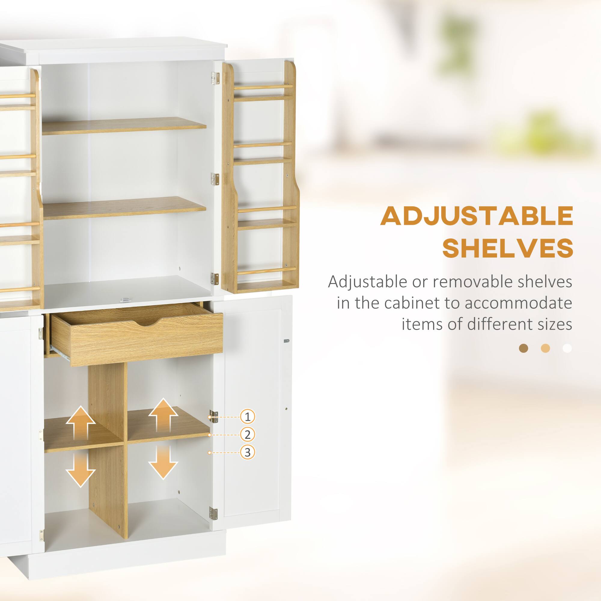 ADJUSTABLE SHELVES

Adjustable or removable shelves in the cabinet to accommodate items of different sizes

1 2 3