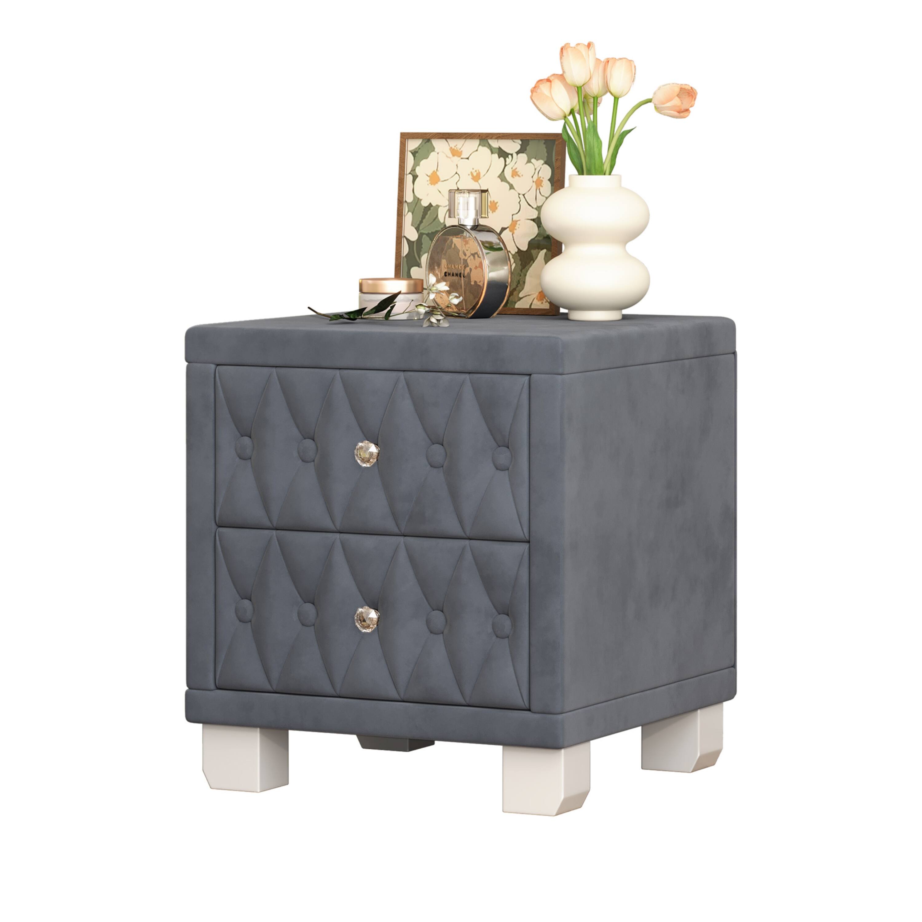 Left. Tiramisubest - Elegant Velvet Nightstand with 2 Drawers and Crystal Handle, Storage Bedside Table with Button-Tufted, Grey - Grey.