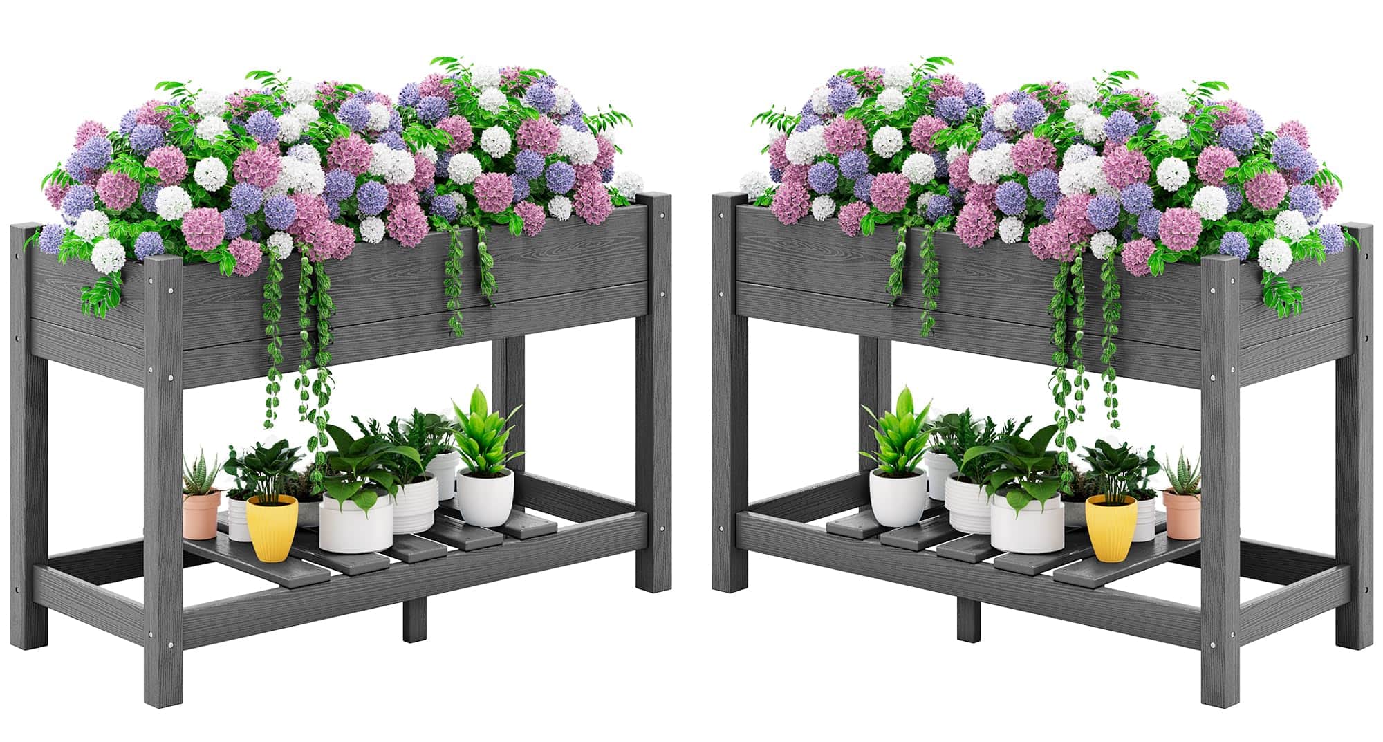Front. SERWALL - SERWALL Raised Garden Bed with Legs Set of 2-Gray,HDPE Elevated Planter with Storage Shelf & Drainage Holes - gray.