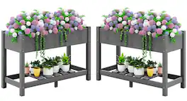 SERWALL - Raised Garden Bed with Legs Set of 2-,HDPE Elevated Planter with Storage Shelf & Drainage Holes - Gray
