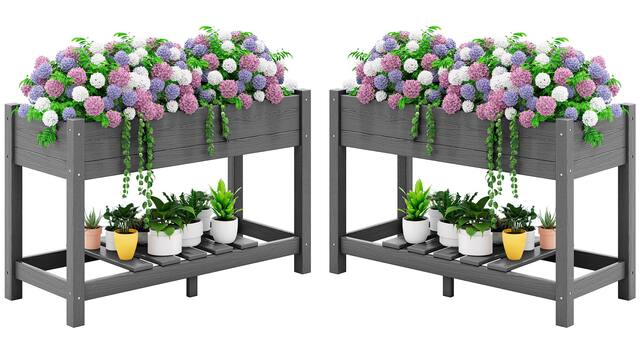 Front. SERWALL - SERWALL Raised Garden Bed with Legs Set of 2-Gray,HDPE Elevated Planter with Storage Shelf & Drainage Holes - gray.