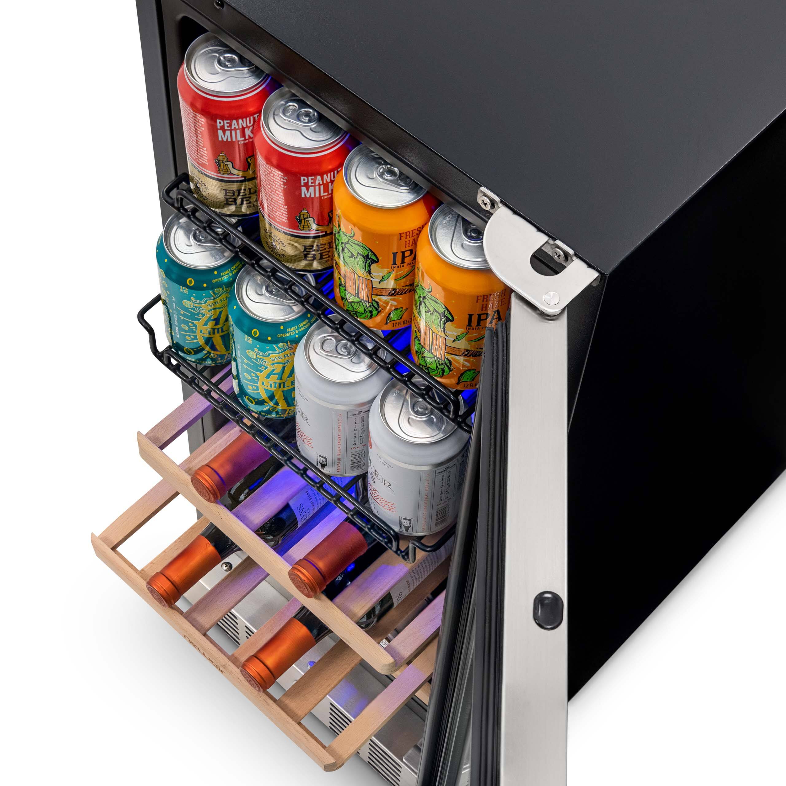 The image shows a cooler with a variety of drinks, including canned beverages and bottles. The drinks are organized in a cooler with shelves, and there are at least 13 cans and bottles visible. The drinks are of different types, such as beer, soda, and juice. The cooler is designed to keep the drinks chilled and easily accessible.