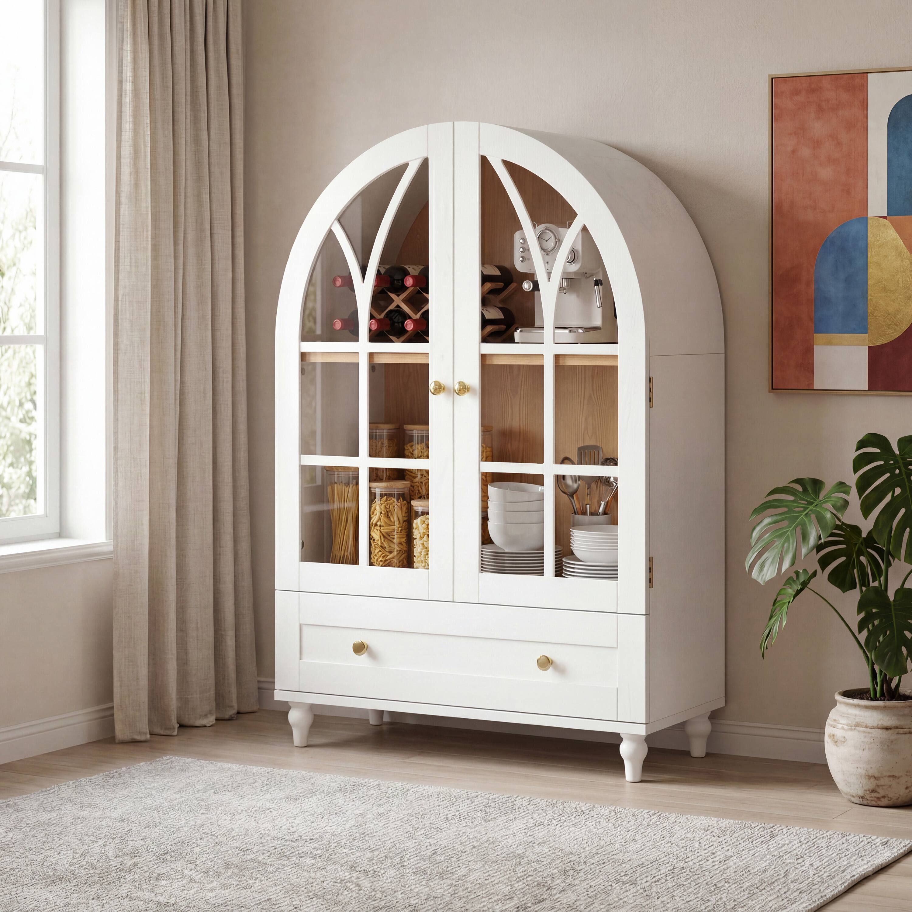 Angle. Loheer - Loheer Arched Display Cabinet with Glass Doors, Wood Storage Accent Cabinet with Drawers for Living Room - Natural Wood Grain.