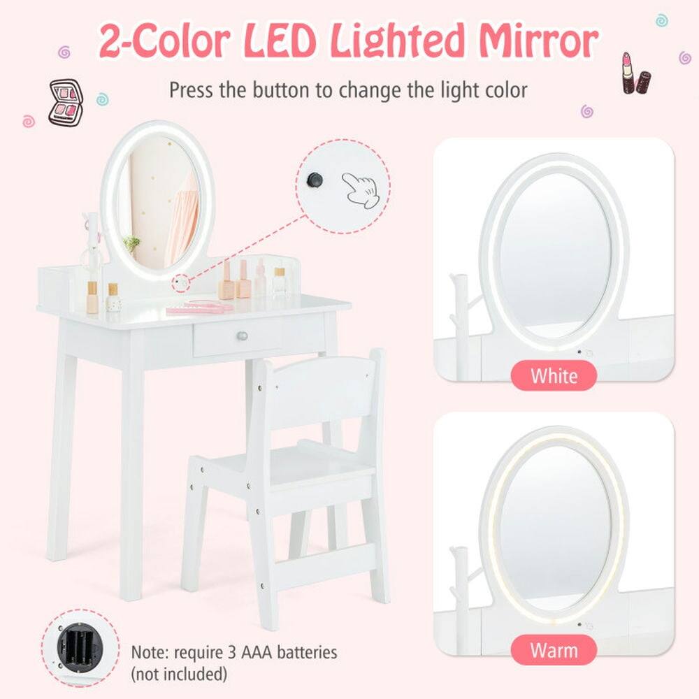 2-Color LED Lighted Mirror  
Press the button to change the light color  

Note: require 3 AAA batteries (not included)  

White  
Warm