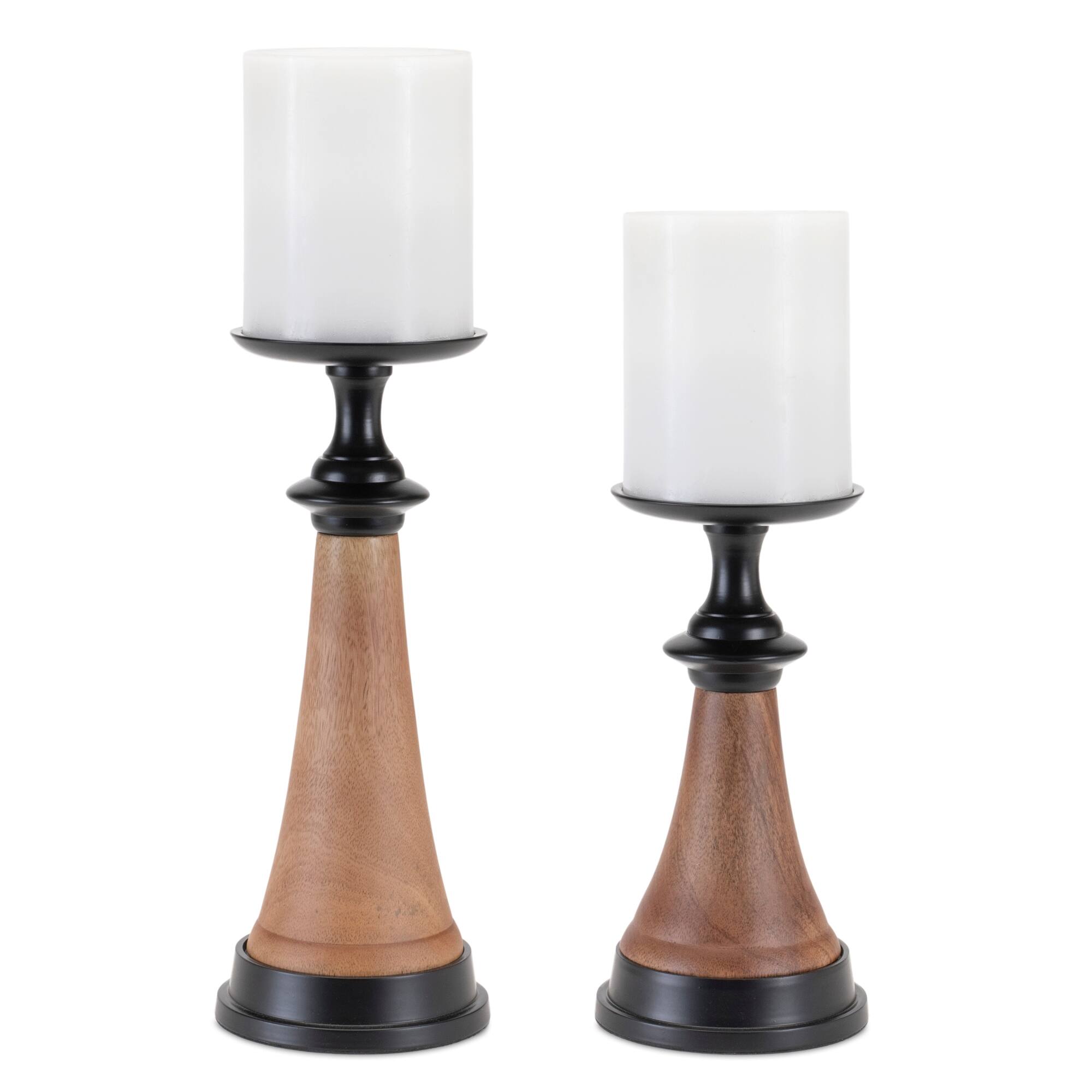 Angle. BreeBe - Tapered Wood and Metal Candle Holder (Set of 2) - Brown, Black.