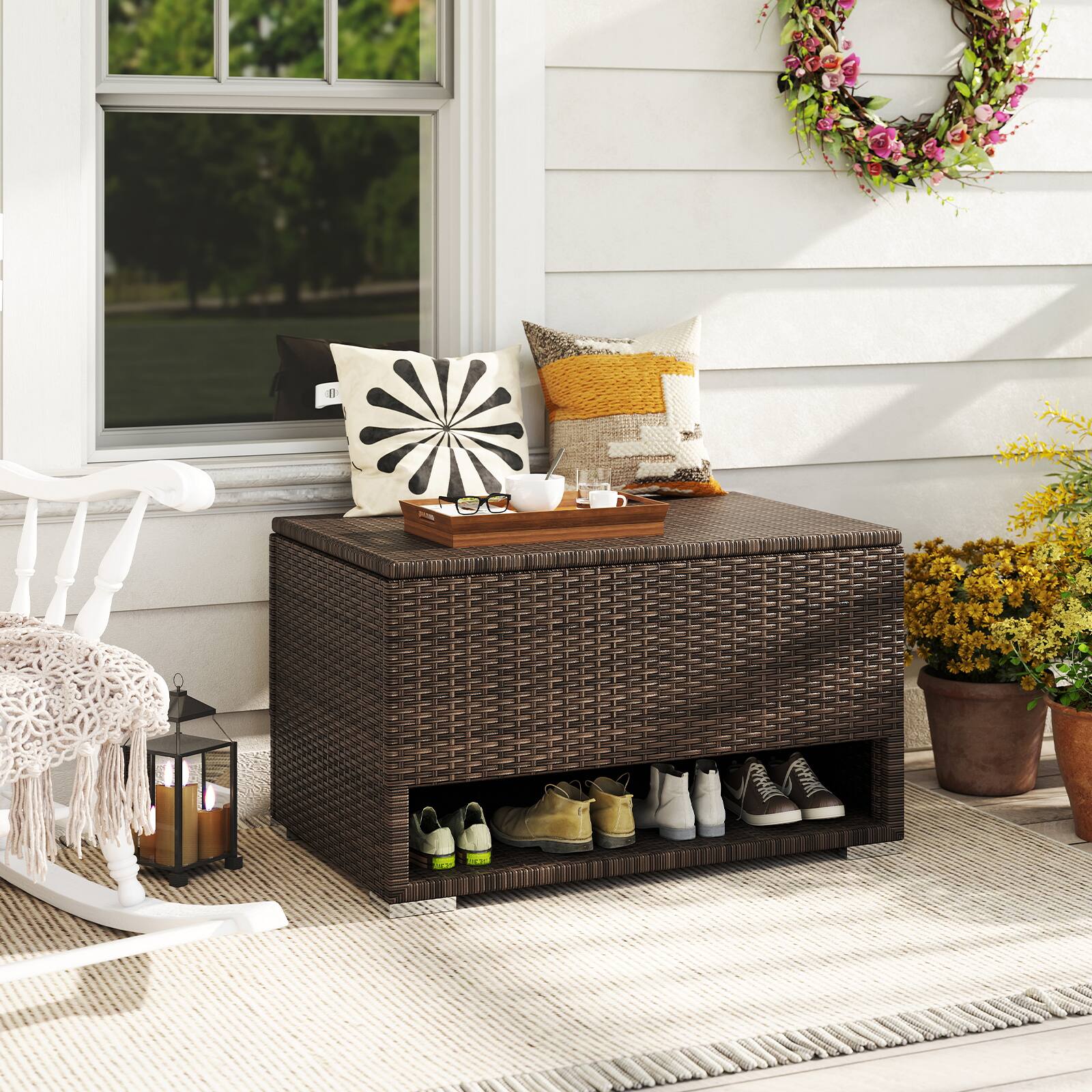 Alt View 3. Gymax - Gymax 48 Gallon PE Wicker Rattan Deck Box w/ Shoe Rack Outdoor Storage Bin w/ Protective Liner - Mix Brown.