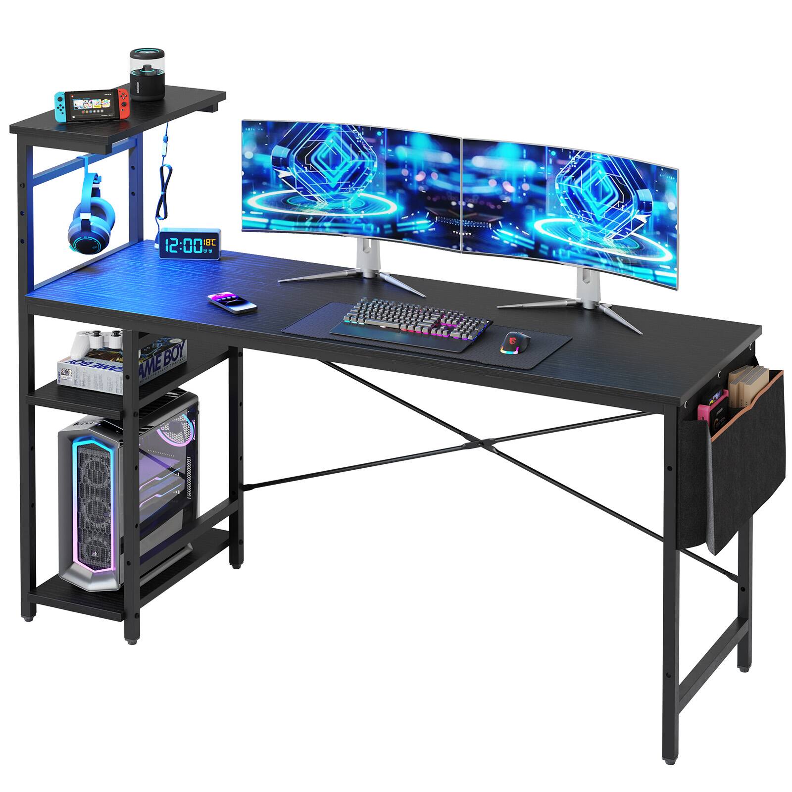 Bestier - Gaming Desk with LED Lights, Storage Shelves, and Side Bag - 61" wide - Black