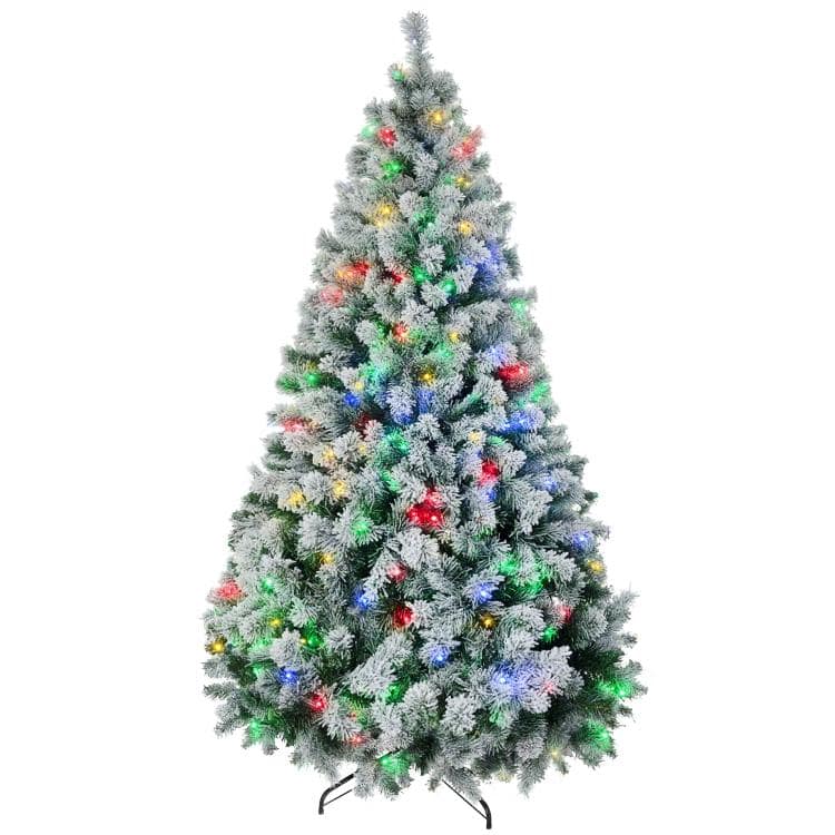 PULUZ - 7.5 feet Artificial Snow Christmas Trees with Frosted Branches, Warm White or Colorful LED Lights, Steel Base - Green