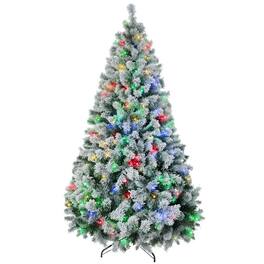 PULUZ - 7.5 feet Artificial Snow Christmas Trees with Frosted Branches, Warm White or Colorful LED Lights, Steel Base - Green