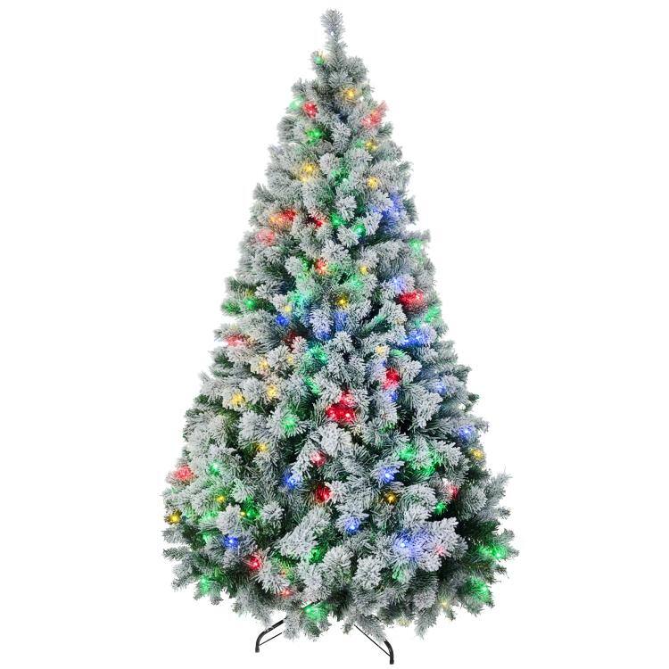 Front. PULUZ - 7.5 feet Artificial Snow Christmas Trees with Frosted Branches, Warm White or Colorful LED Lights, Steel Base - Green.