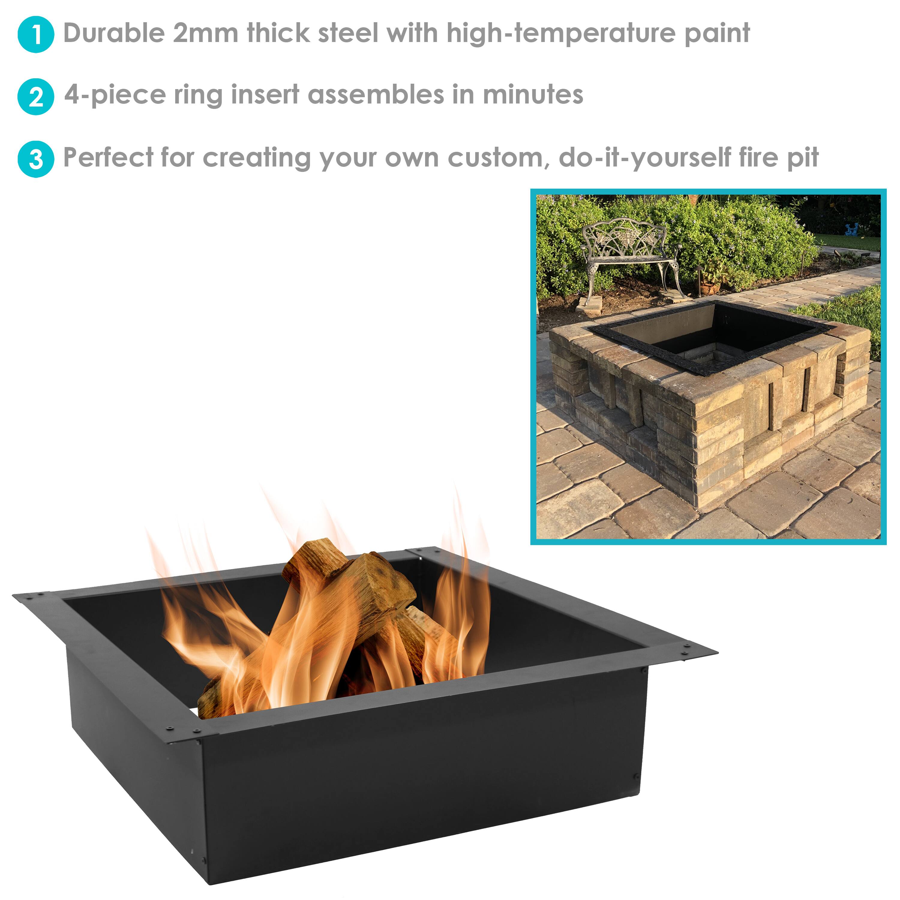 1. Durable 2mm thick steel with high-temperature paint  
2. 4-piece ring insert assembles in minutes  
3. Perfect for creating your own custom, do-it-yourself fire pit