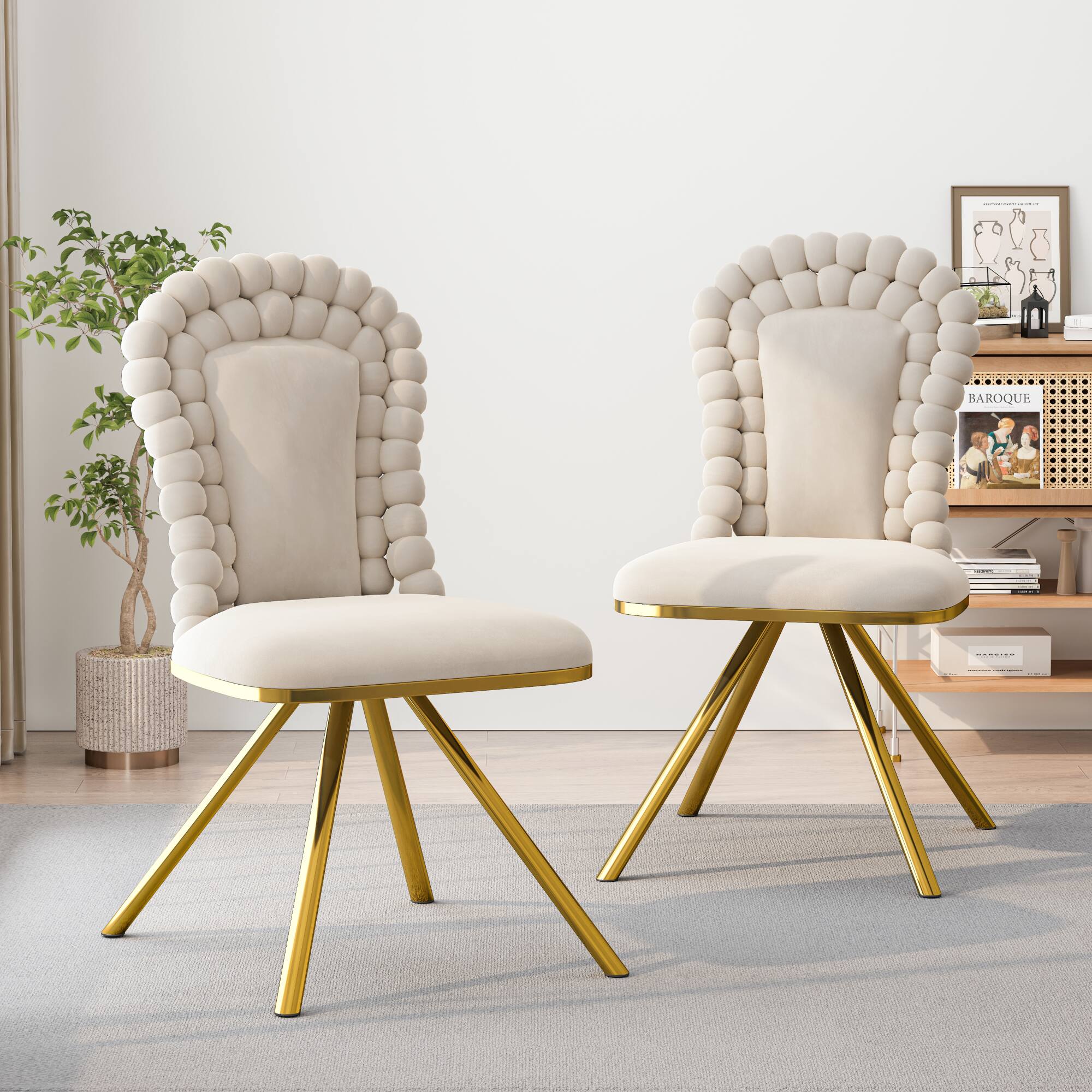 Front. GOODSILO - Set of 2 Velvet Upholstered Dining Chairs with Gold Metal Legs and 360-Degree Swivel Feature - Beige.