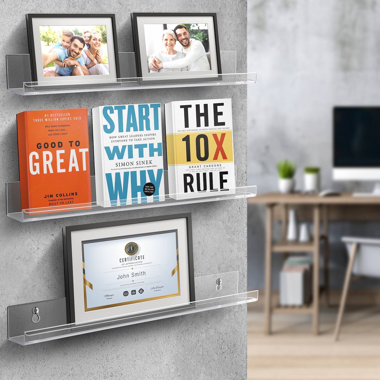 +1 BESTSELLER  
THE TORLL Wmy MILLION -...  
Same cenan tu Companie .  
COPICS -T S01D START - -..  
OTSREN CINCA .0OUSA - TULARG - ENSPIRL ROW GREAT LEADERS TO SALE ACTION EVERTONE GOOD TO GREAT WITH SINEK 10X SIMON - GRANT CARDONE - : . - I | WHY -na - - - RULE JIM COLLINS - -  
BUILT . LAST I CERTIFICATE .. APPRECIATION John Smith Onan C Coun

---

#1 BESTSELLER  
THREE MILLION COPIES SOLD  
Why Some Companies Make the Leap...  
and Others Don't!  
JIM COLLINS  
GOOD TO GREAT  
BUILT TO LAST

---

START WITH WHY  
HOW GREAT LEADERS INSPIRE EVERYONE TO TAKE ACTION  
SIMON SINEK

---

THE 10X RULE  
GRANT CARDONE  
EVERYONE'S SECRET TO EXCELLENCE

---

CERTIFICATE OF APPRECIATION  
John Smith