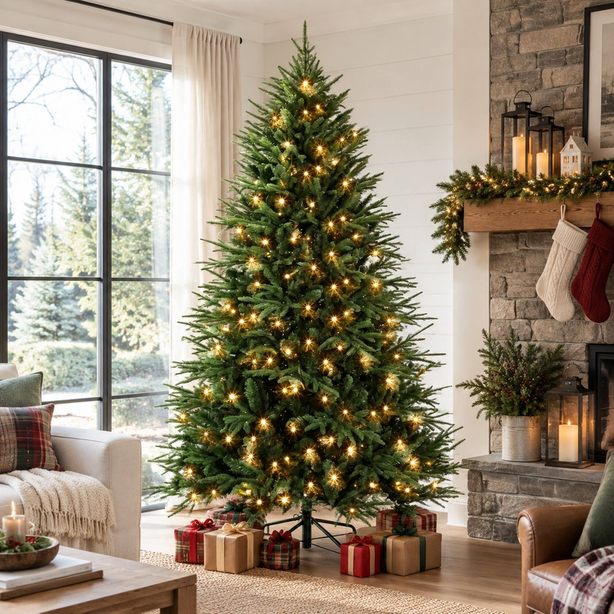 Back. RYHNUYNE - Pre-Lit Artificial Christmas Tree With Quick Assembly and Lush Realistic Branches - Green.