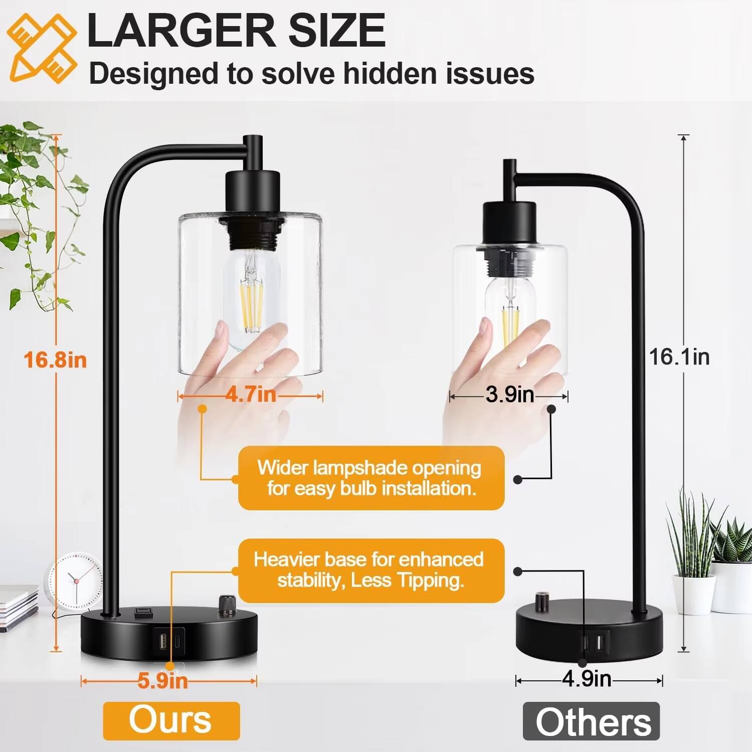 LARGER SIZE  
Designed to solve hidden issues

- 16.8in
- 4.7in
- 3.9in
- 16.1in

Wider lampshade opening for easy bulb installation.

Heavier base for enhanced stability, Less Tipping.

- 5.9in (Ours)
- 4.9in (Others)