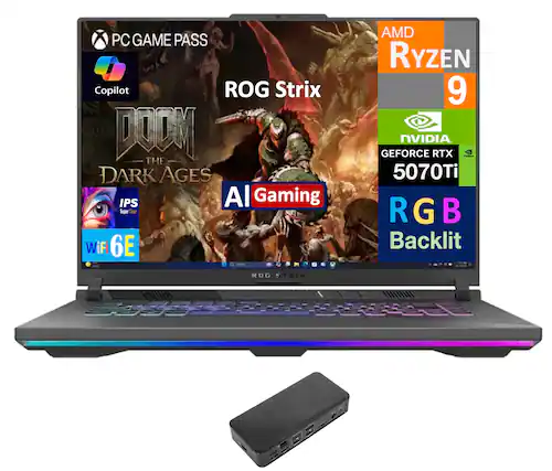 Sure, here is the corrected and grouped text from the image:
- **PC GAME PASS**
- **ROG Strix**
- **DOOM THE DARK AGES**
- **AI Gaming**
- **IPS Super Narrow**
- **WiFi 6E**
- **AMD Ryzen 9**
- **NVIDIA GEFORCE RTX 5070Ti**
- **RGB Backlit**