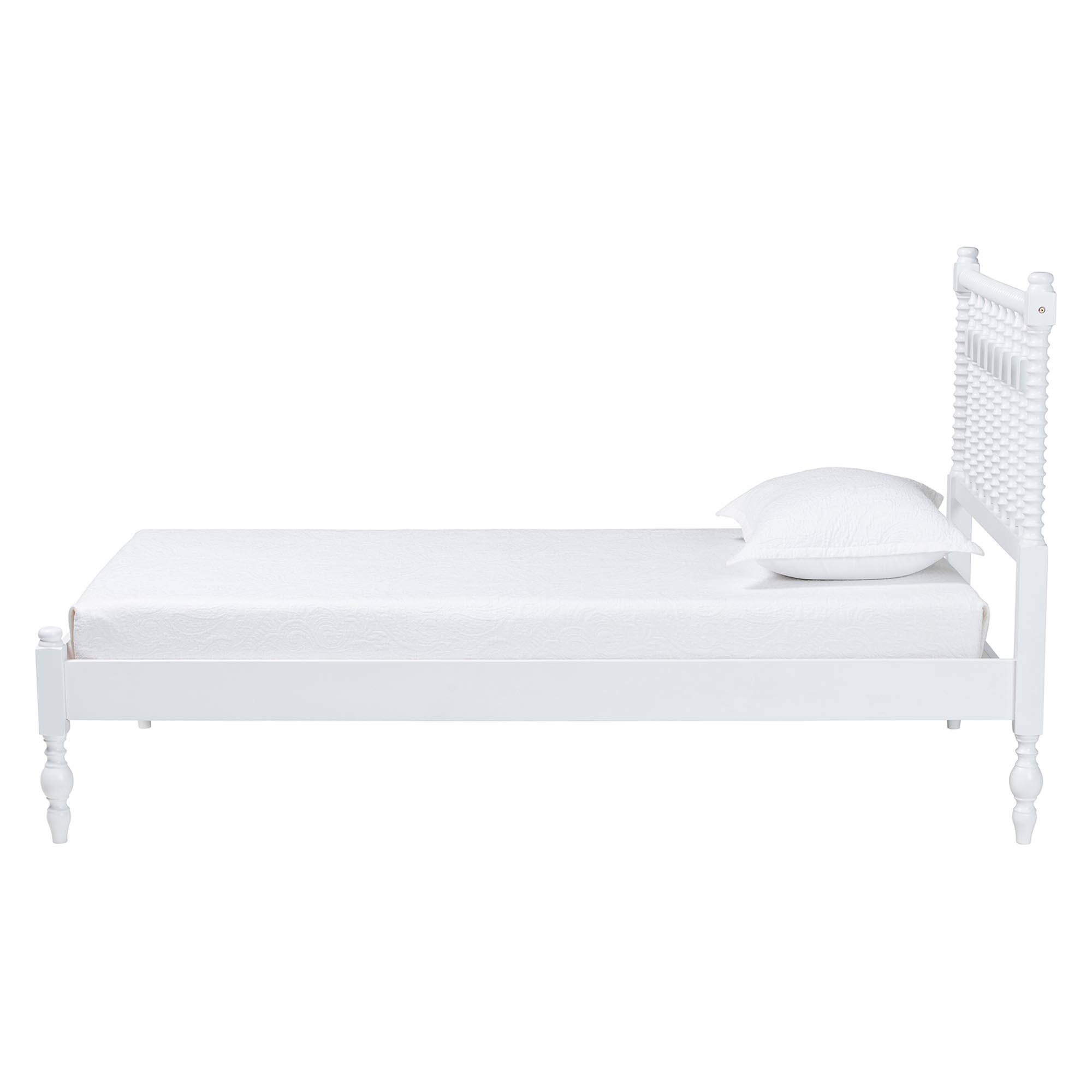 Angle. Baxton Studio - Callison Spindle Platform Bed - Turned Farmhouse Bed Frame with Spoked Headboard and Sculpted Legs, Twin - White.