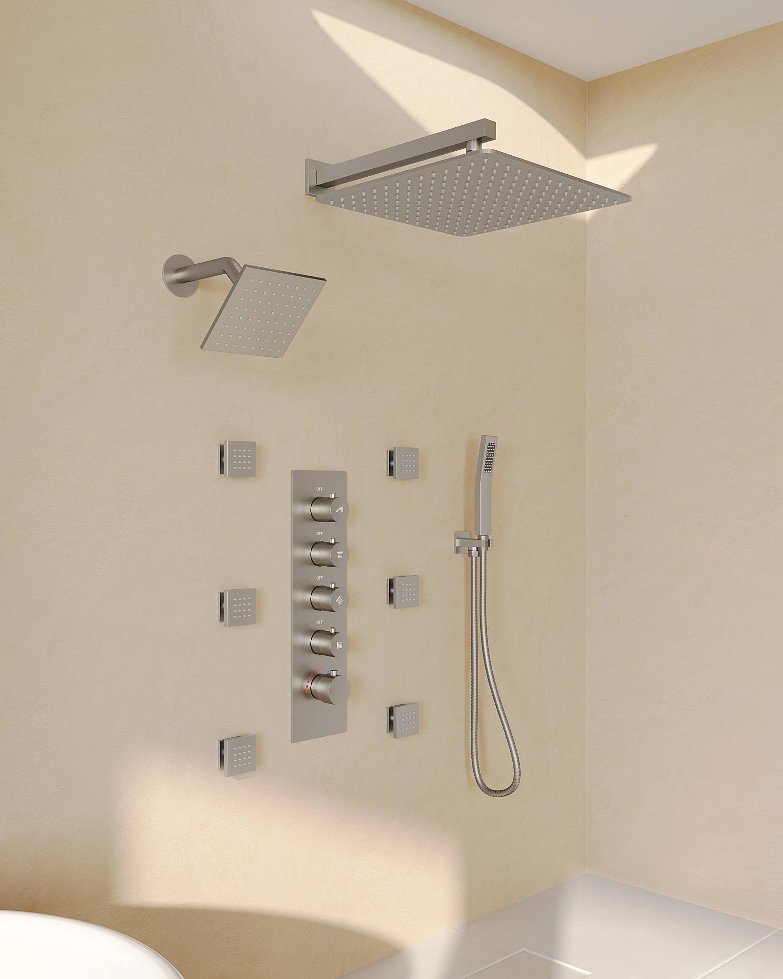 Alt View 8. GRANDJOY - Thermostatic Rain Shower System with 6 Body Jets and Handheld Sprayer, Anti-Scald Dual Head Set with Rough-in Valve - Brushed Nickel.
