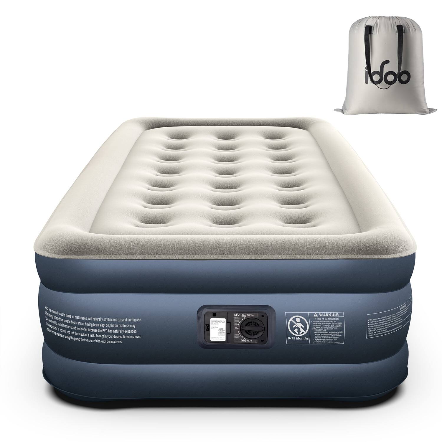 The text on the image reads:

"PC foam is used to make all mattresses, will naturally stretch and expand during use. The mattress may feel soft and spongy when first received. This is normal and will firm up over time. To adjust the firmness, use the pump provided with the mattress.

WARNING

Risk of Suffocation

0-15 Months"
