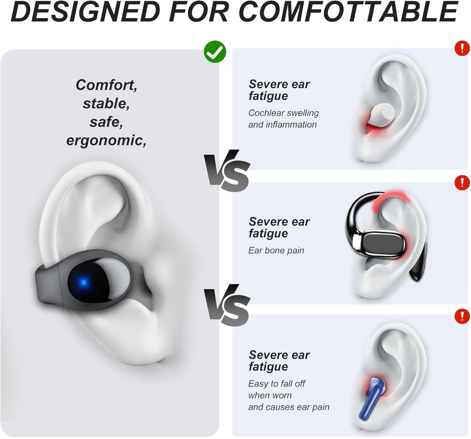 DESIGNED FOR COMFORTABLE

Comfort, stable, safe, ergonomic,

VS

Severe ear fatigue
Cochlear swelling and inflammation

VS

Severe ear fatigue
Ear bone pain

VS

Severe ear fatigue
Easy to fall off when worn and causes ear pain