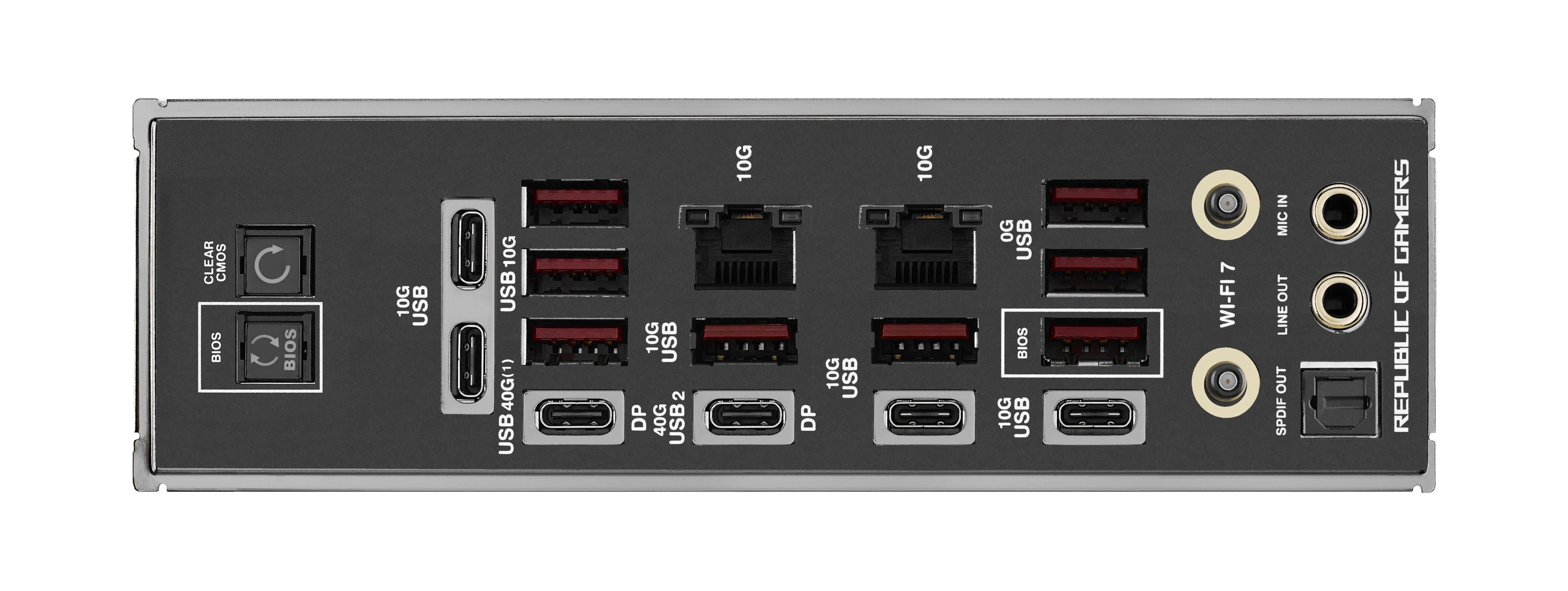 CLEAR CMOS BIOS C C BIOS 10G USB 10G USB 40G(1) USB 10G USB DP 40G USB2 10G DP 10G USB 10G 0G USB BIOS 10G USB 7 WI-FI IN MIC OUT LINE OUT SPDIF GAMERS OF REPUBLIC