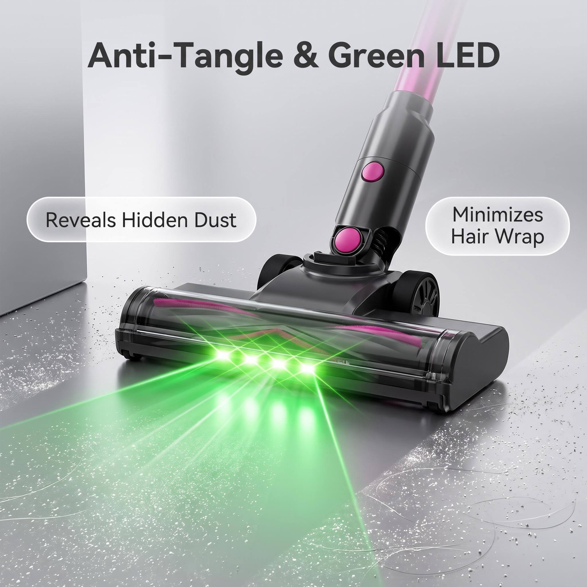 Anti-Tangle & Green LED  
Reveals Hidden Dust  
Minimizes Hair Wrap