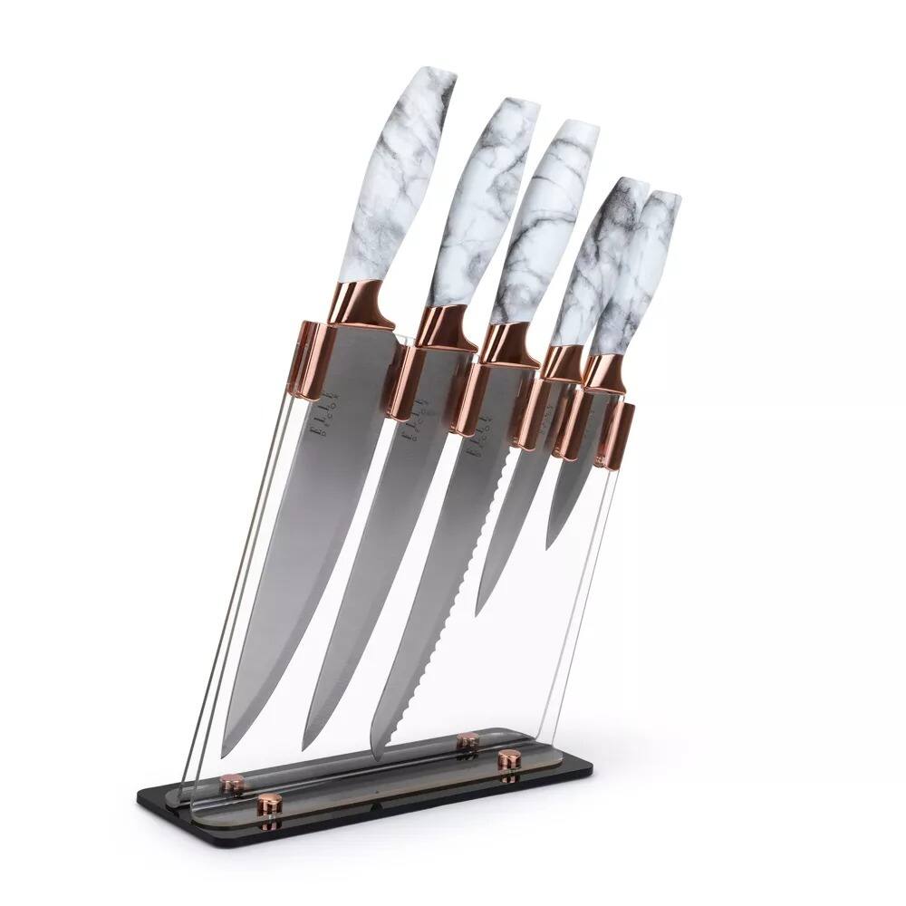 Alt View 4. Elle Decor - 5-Piece Professional Kitchen Knife Set Marble Handle, Include Clear Block & Paring Knives - Chrome Finish.