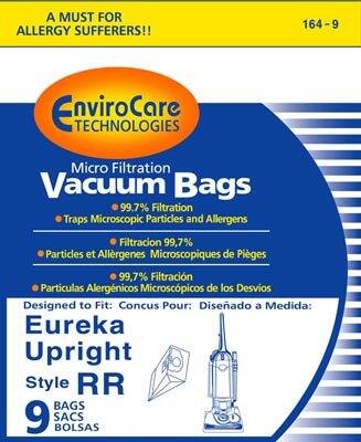 A MUST FOR ALLERGY SUFFERERS!!  
164-9 Envirocare TECHNOLOGIES Micro Filtration Vacuum Bags  
99.7% Filtration Traps Microscopic Particles and Allergens  
Filtración 99,7% Partículas y Alergénicos Microscópicos de Pies  
99,7% Filtración Partículas Alergénicos Microscópicos de los Desvios  
Designed to Fit: Concus Pour: Diseñado a Medida:  
Eureka Upright Style RR  
9 BAGS SACS BOLSAS