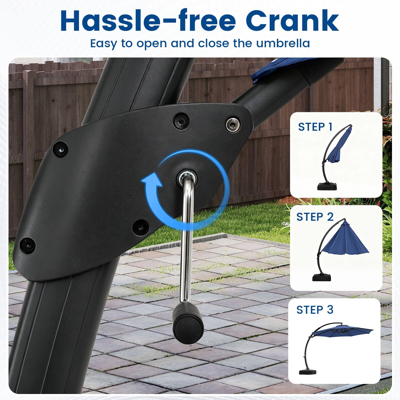 Hassle-free Crank  
Easy to open and close the umbrella  
STEP 1  
STEP 2  
STEP 3