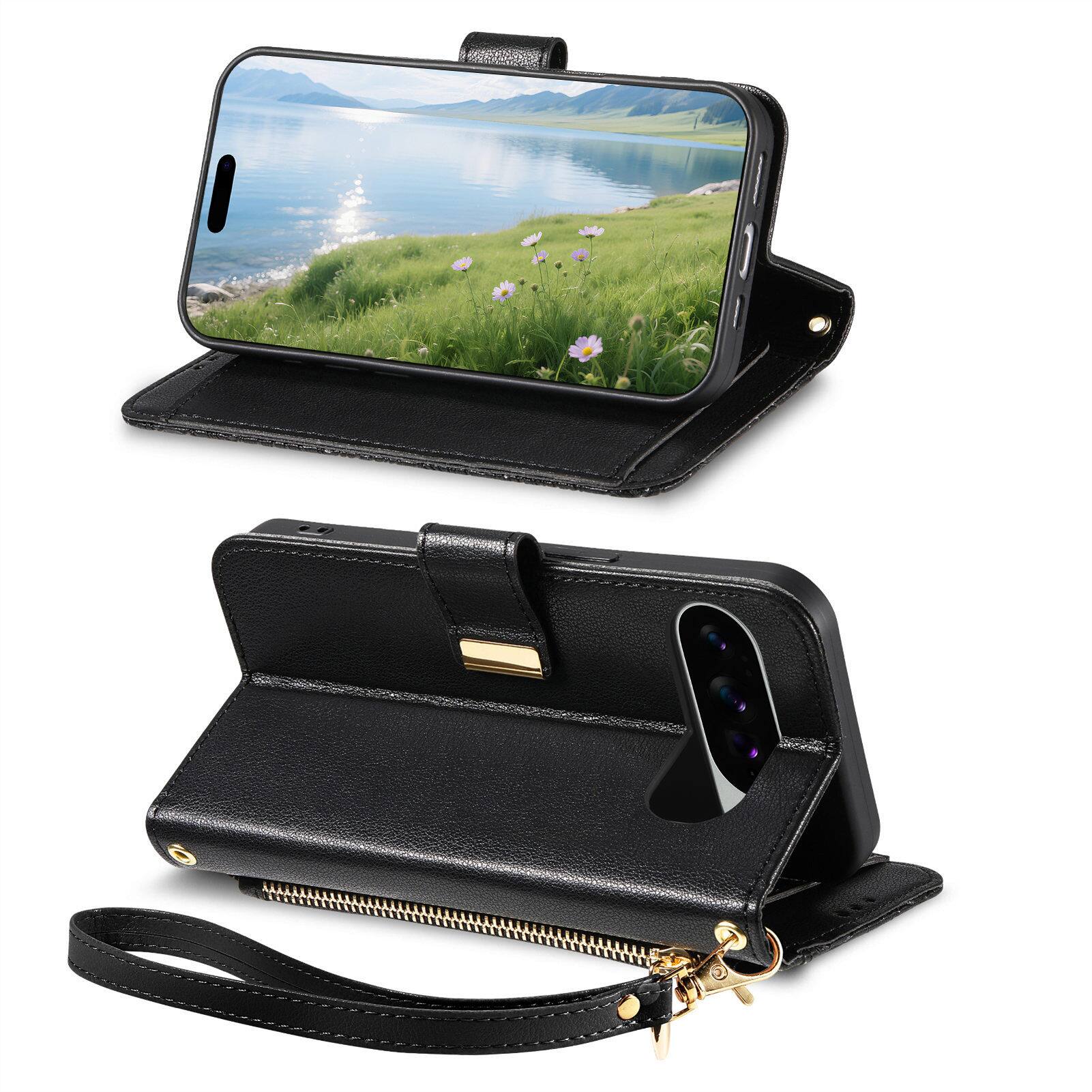 Alt View 5. Dteck - Floral Embossed Leather Zipper Cash Slot Wallet Case for Google Pixel 10 /10 Pro with Detachable Strap - Black.