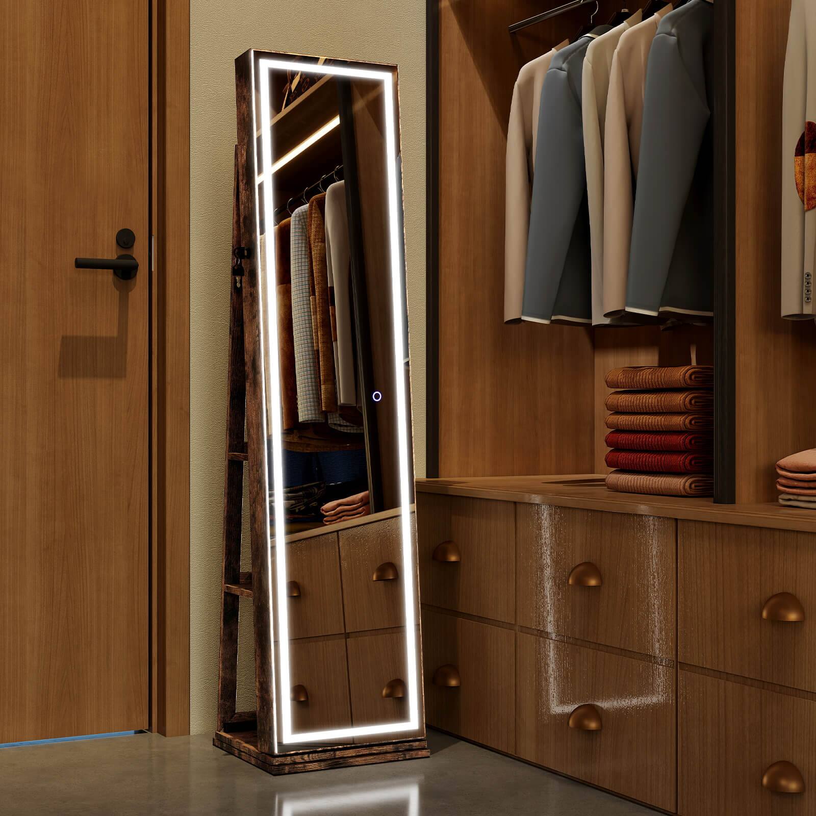 Alt View 3. Costway - Costway 360° Swivel Jewelry Cabinet with Lighted Full Length Mirror & Back Shelves, Lights - Brown.