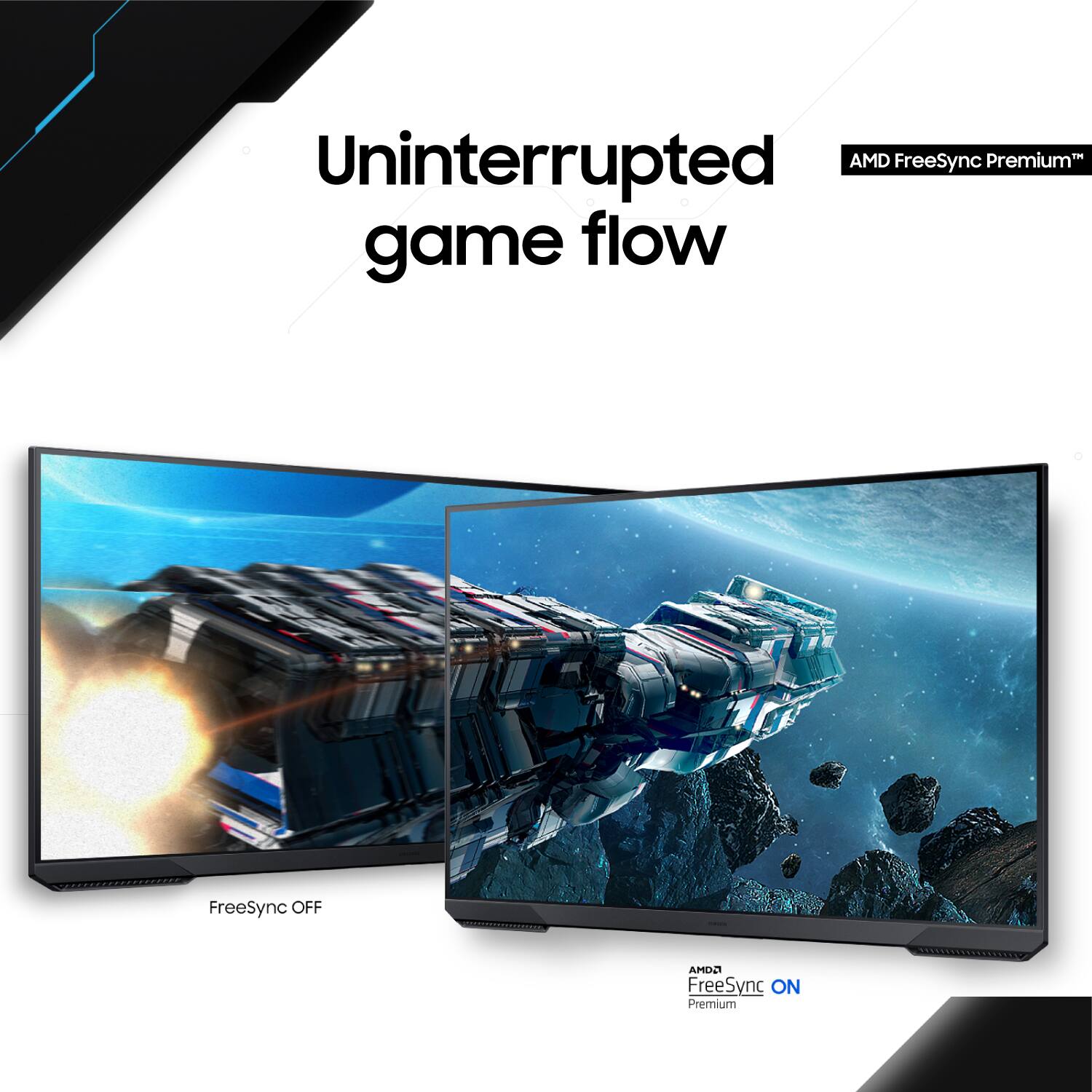 Uninterrupted AMD FreeSync Premium game flow FreeSync OFF AMD2 FreeSync ON Premium
