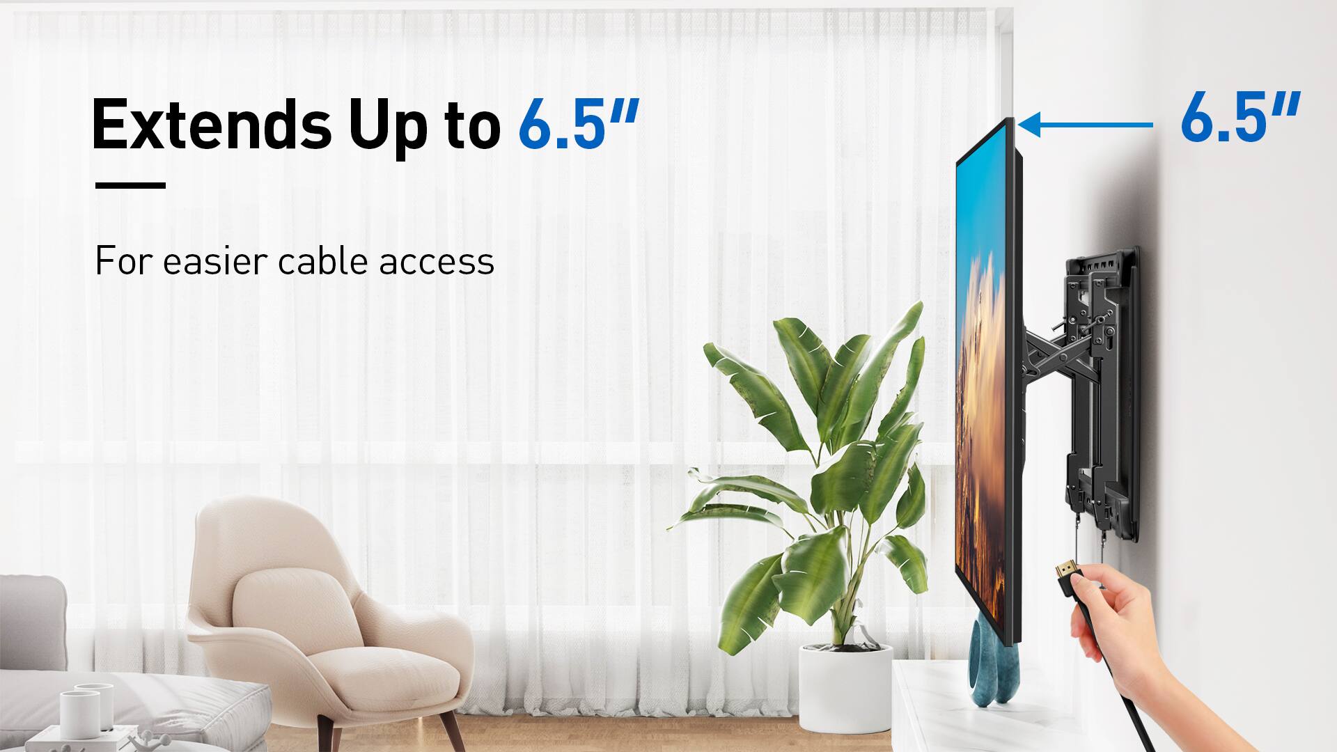 The text on the image reads: "Extends Up to 6.5" - 6.5" For easier cable access."