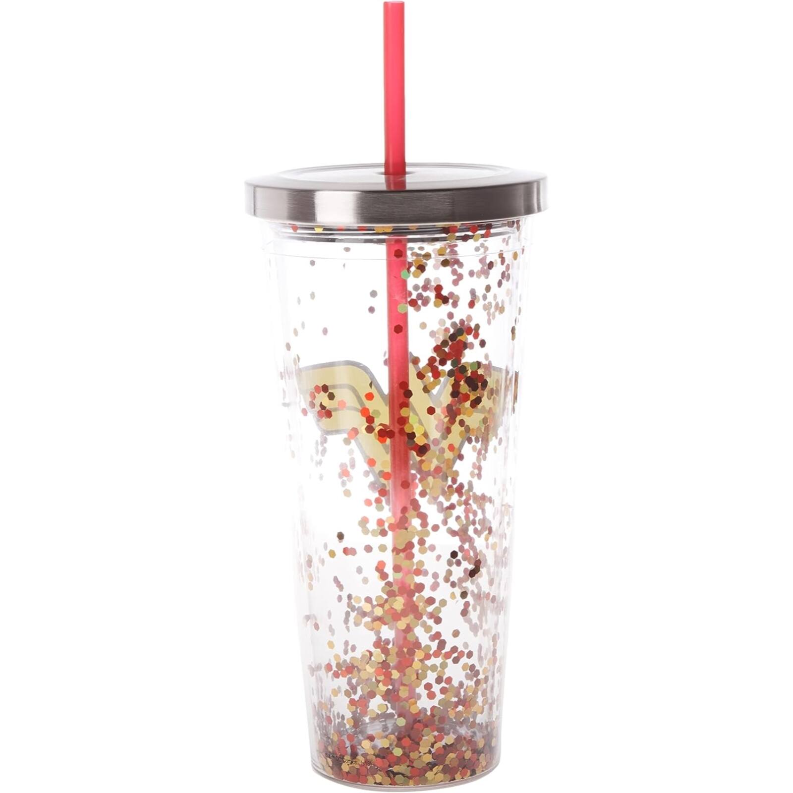 Angle. Spoontiques - Spoontiques DC Comics Wonder Woman Double Walled Insulated Acrylic Tumbler Glitter Cup with Straw 20 ounce - Multicolor.