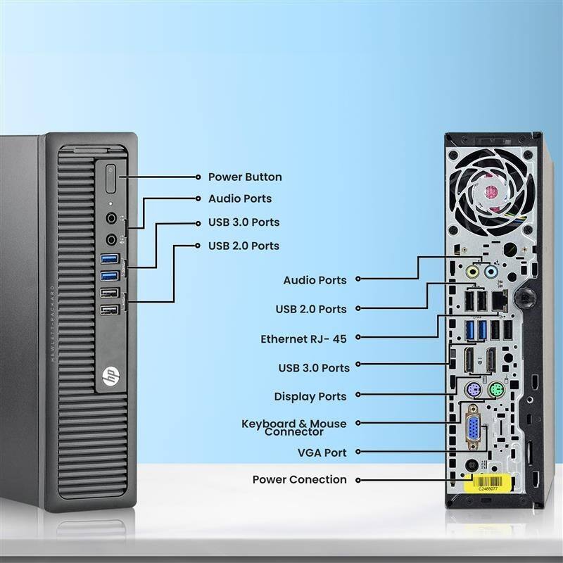 - Power Button
- Audio Ports
- USB 3.0 Ports
- USB 2.0 Ports
- Audio Ports
- USB 2.0 Ports
- Ethernet RJ-45
- USB 3.0 Ports
- Display Ports
- Keyboard & Mouse Connector
- VGA Port
- Power Connection