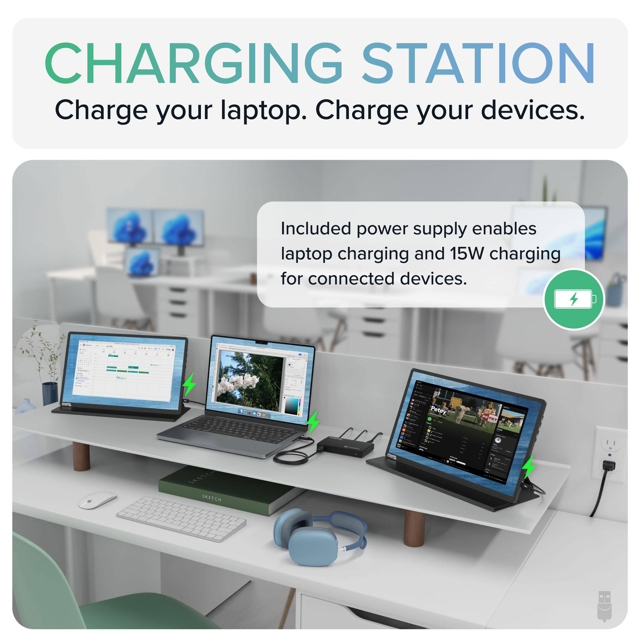 CHARGING STATION  
Charge your laptop. Charge your devices.  

Included power supply enables laptop charging and 15W charging for connected devices.