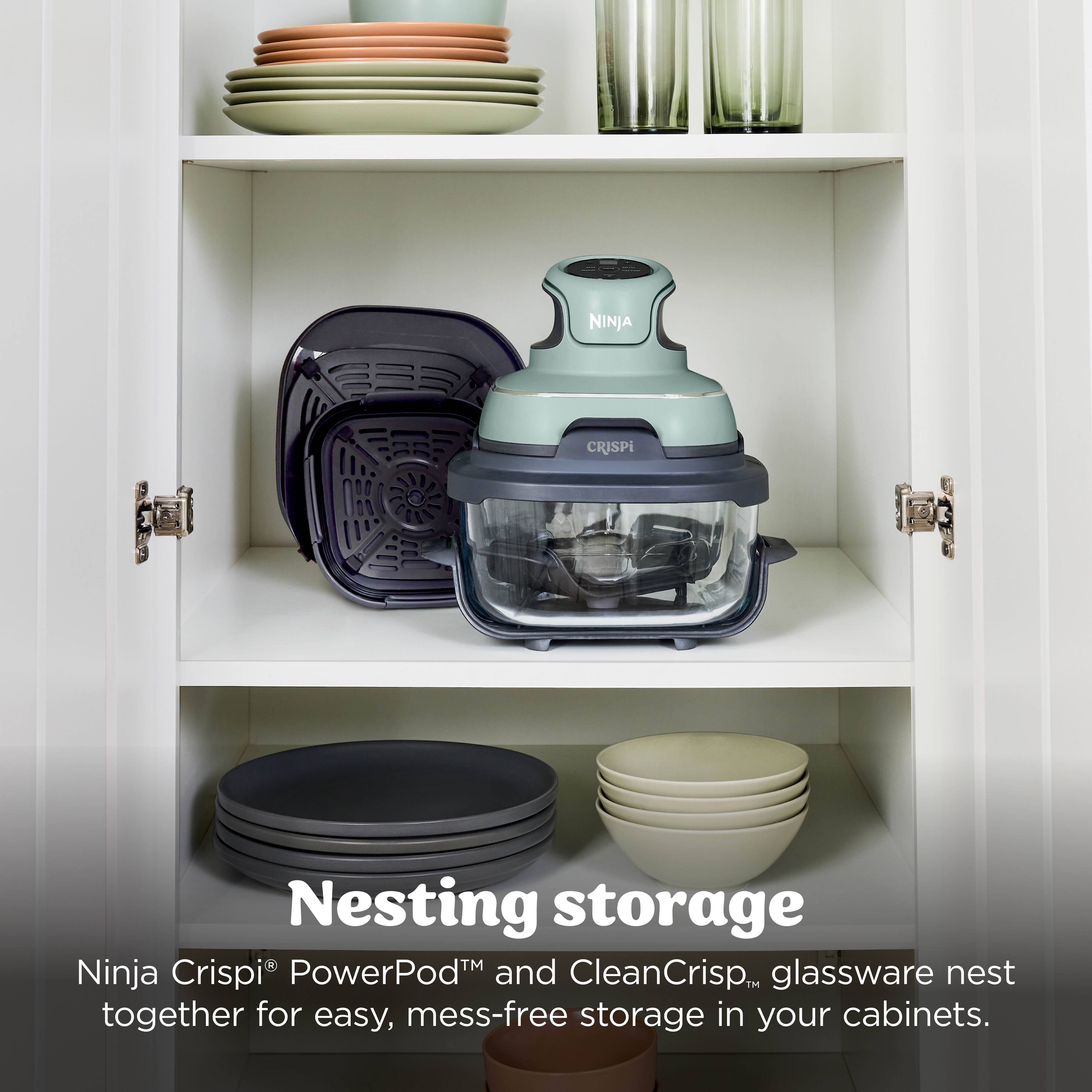Ninja Crispi® PowerPod™ and CleanCrisp™ glassware nest together for easy, mess-free storage in your cabinets.