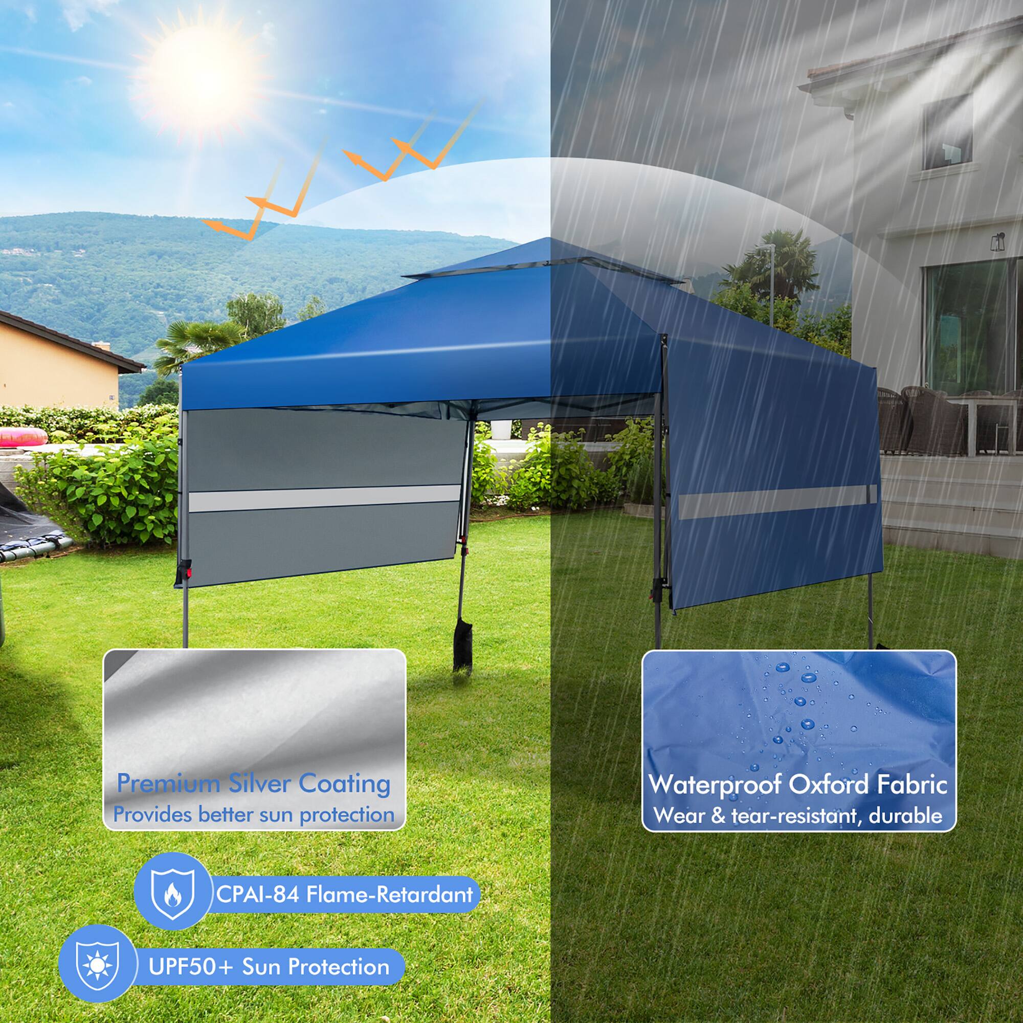 Premium Silver Coating  
Provides better sun protection  

CPAI-84 Flame-Retardant  

UPF50+ Sun Protection  

Waterproof Oxford Fabric  
Wear & tear-resistant, durable