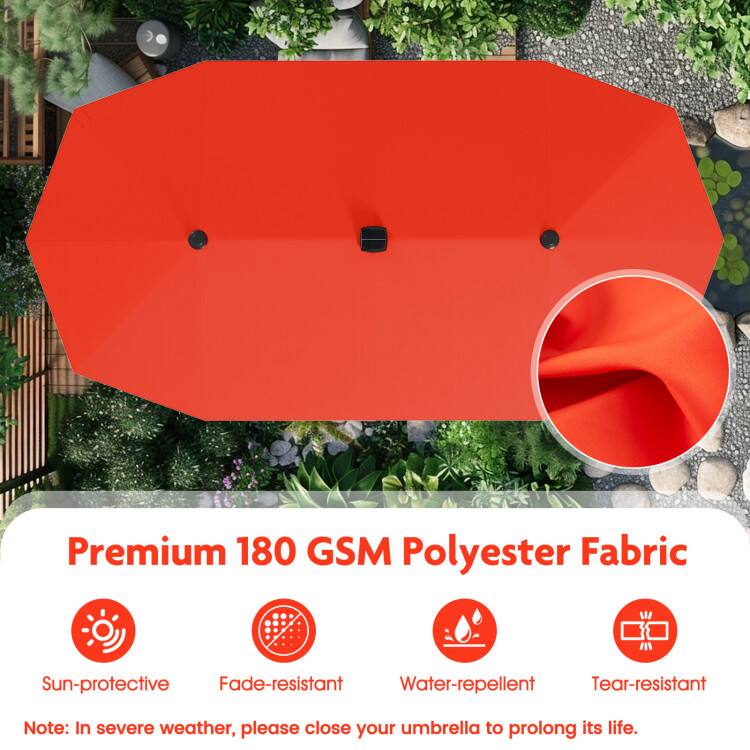 Premium 180 GSM Polyester Fabric

- Sun-protective
- Fade-resistant
- Water-repellent
- Tear-resistant

Note: In severe weather, please close your umbrella to prolong its life.