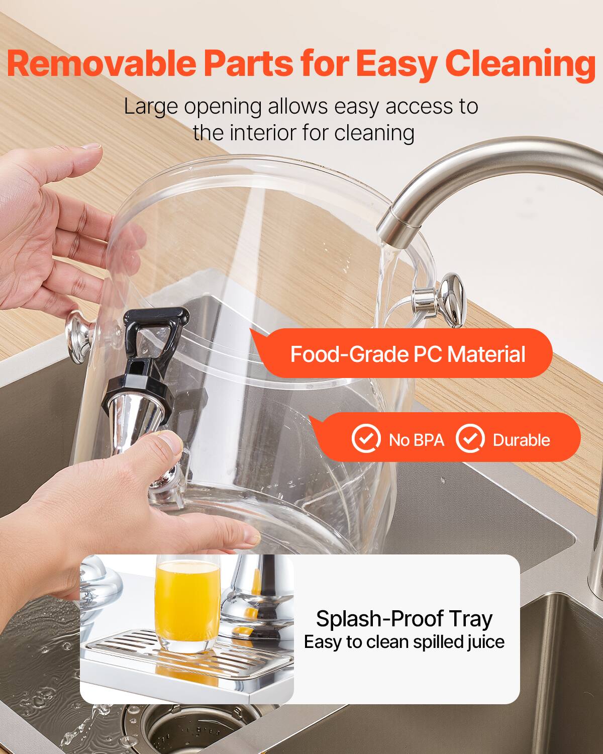 Removable Parts for Easy Cleaning  
Large opening allows easy access to the interior for cleaning  

Food-Grade PC Material  
No BPA  
Durable  

Splash-Proof Tray  
Easy to clean spilled juice