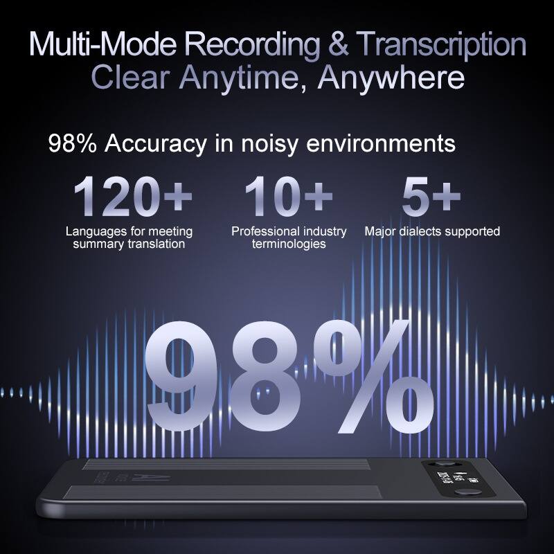 Multi-Mode Recording & Transcription  
Clear Anytime, Anywhere  

98% Accuracy in noisy environments  

120+ Languages for meeting summary translation  
10+ Professional industry terminologies  
5+ Major dialects supported  

98%
