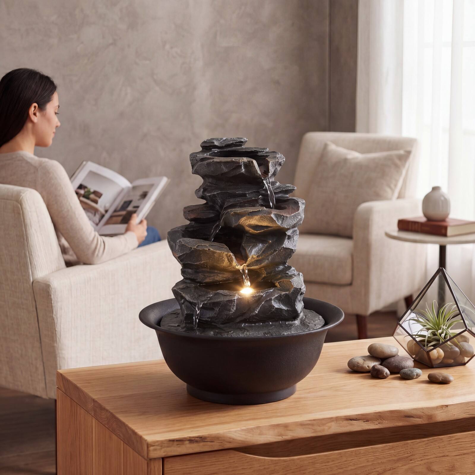 Alt View 4. Costway - Costway Tabletop Water Fountain with LED Light, Pump & Adjustable Flow for Home Office - Black.