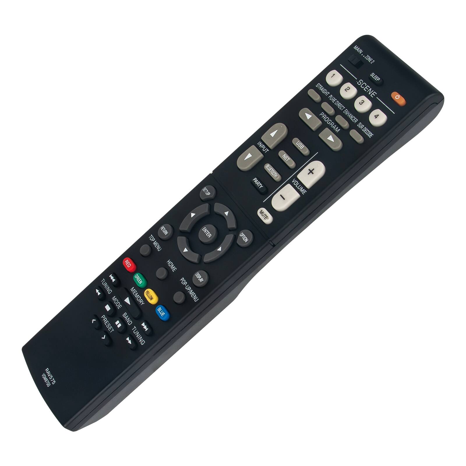 Sure, here is the corrected and grouped text from the image:

---

**Top Menu:**
- GLE
- LE
- ENTER
- TOP MENU
- HOME
- I
- GRETN
- POP
- DISPLRI
- i
- TUNING
- P-UP/MENU
- MEMORY
- ALON
- MODE
- BLUE
- PRESET
- BAND
- TUNING MAIN
- ZONE2
- MAIN 2
- ONE?
- 1
- BLEEP
- STRAGHT
- 2
- SCENE
- PUREDIRECT
- 3
- PROGRAM
- ENHANCER
- 4
- A SUR
- DECODE
- INPUT
- USB
- NET
- MIDOTALIS
- PARTY
- VOLUME
- MUTE
- OFION
- VOMBTOO
- RAV575

**Remote Control:**
- MAIN, ZONE2
- 1
- SCENE
- 2
- STRAIGHT
- 3
- PROGRAM
- 4
- ENHANCER
- INPUT
- USB
- NET
- PARTY
- VOLUME
- MUTE
- TOP MENU
- HOME
- POP-UP
- TUNING
- MODE
- BAND
- TUNING
- PRESET
- MEMORY
- BLUE
- RESET
- RAV575

---