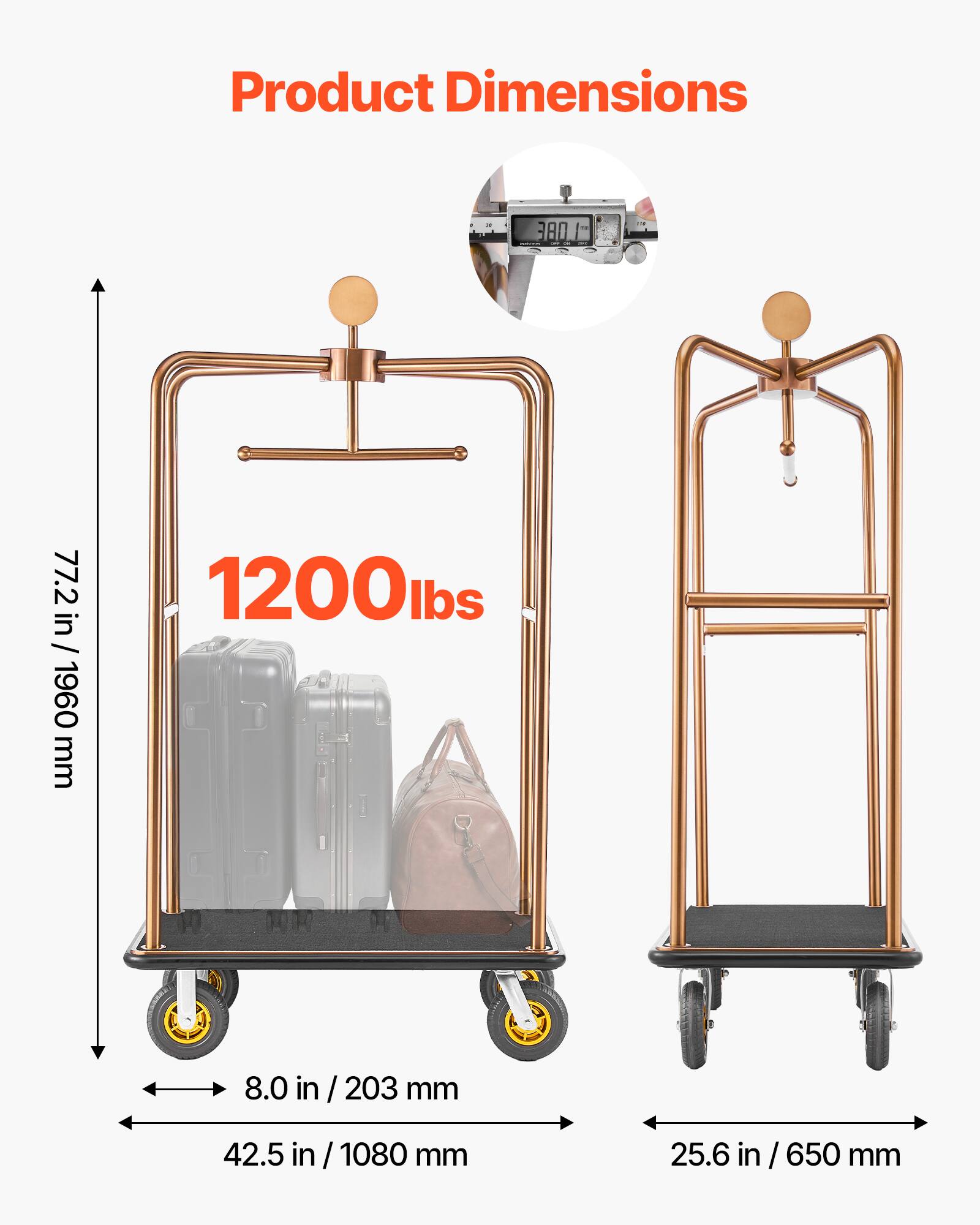 Product Dimensions: 38.0 in / 960 mm, 77.2 in / 1960 mm, 1200 lbs, 8.0 in / 203 mm, 42.5 in / 1080 mm, 25.6 in / 650 mm