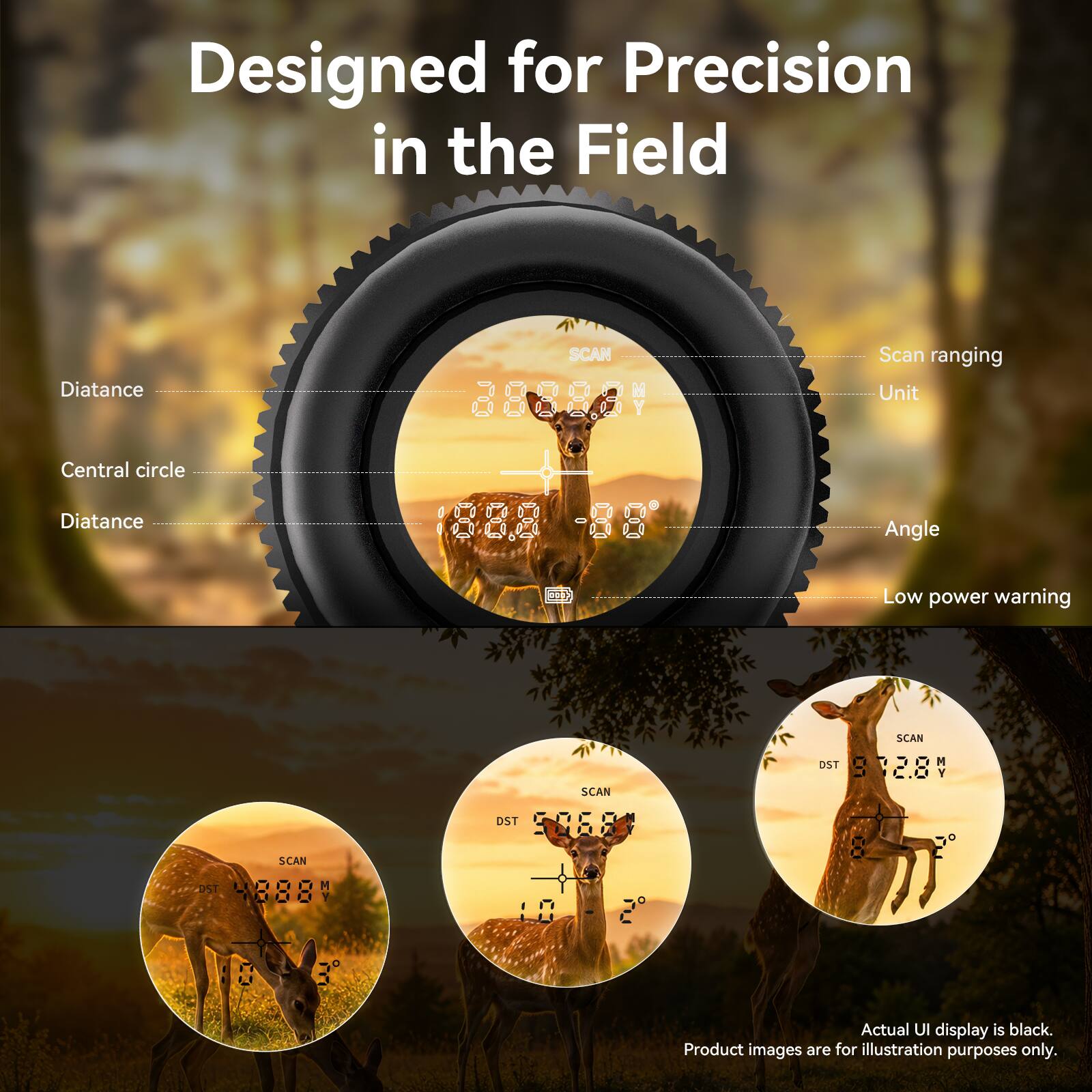 Designed for Precision in the Field

- Diatance
- Central circle
- Diatance
- Angle
- Low power warning

SCAN i 888884 Y
Scan ranging Unit
SCAN DST S
SCAN DST 8

Actual UI display is black.
Product images are for illustration purposes only.